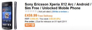 Sony Ericsson Xperia Arc available soon from Play.com
