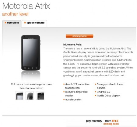 Motorola Atrix now on Orange site