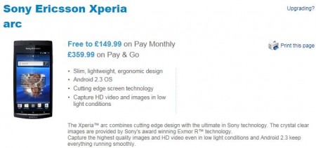 Xperia arc now selling on o2