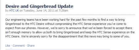 No Gingerbread 2.3 update for original HTC Desire.