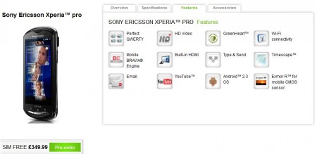 Xperia Pro up for pre order with Sony Ericsson