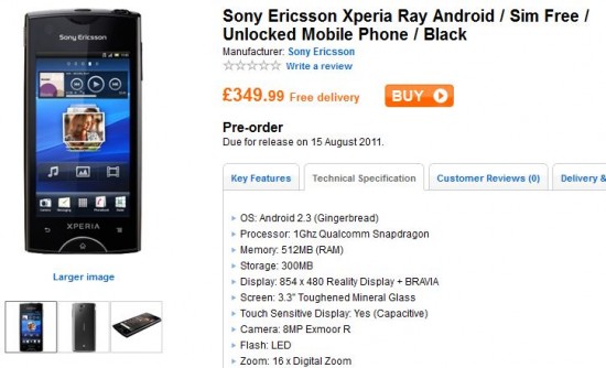 Xperia ray arriving on August 15th