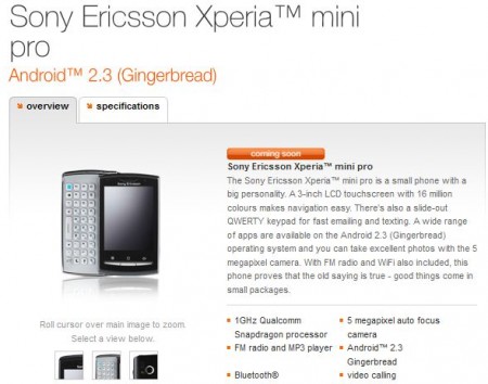 Xperia Mini Pro showing on the Orange website