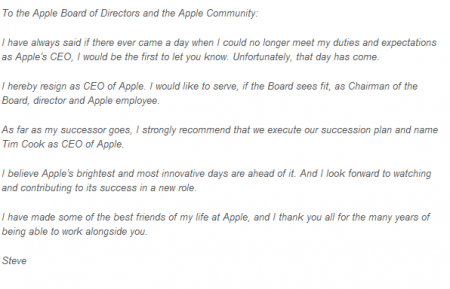 Steve Jobs resigns as CEO at Apple.