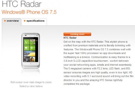 HTC Radar hits Orange coming soon pages