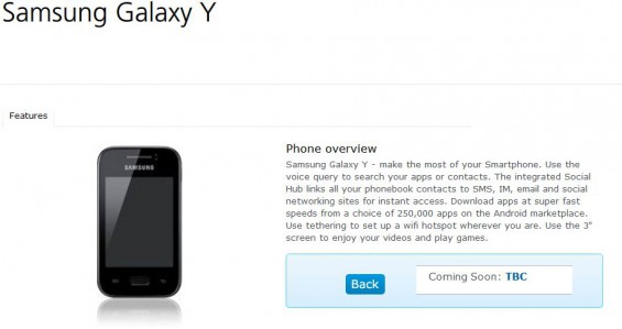 Samsung Galaxy Y also due to arrive on O2
