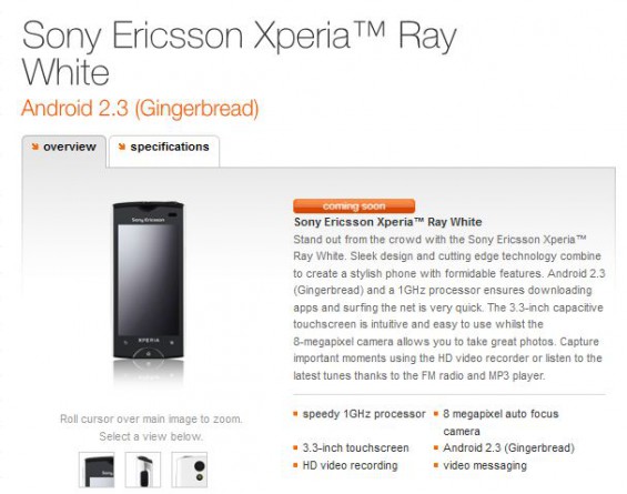 Xperia ray now in Orange coming soon section