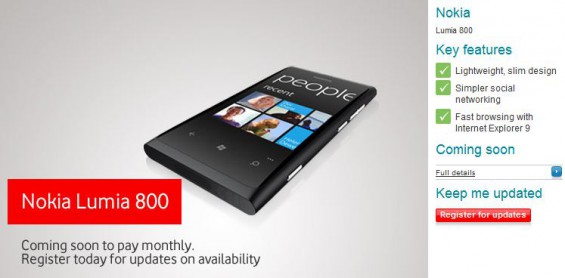 Vodafone to carry the Nokia Lumia 800
