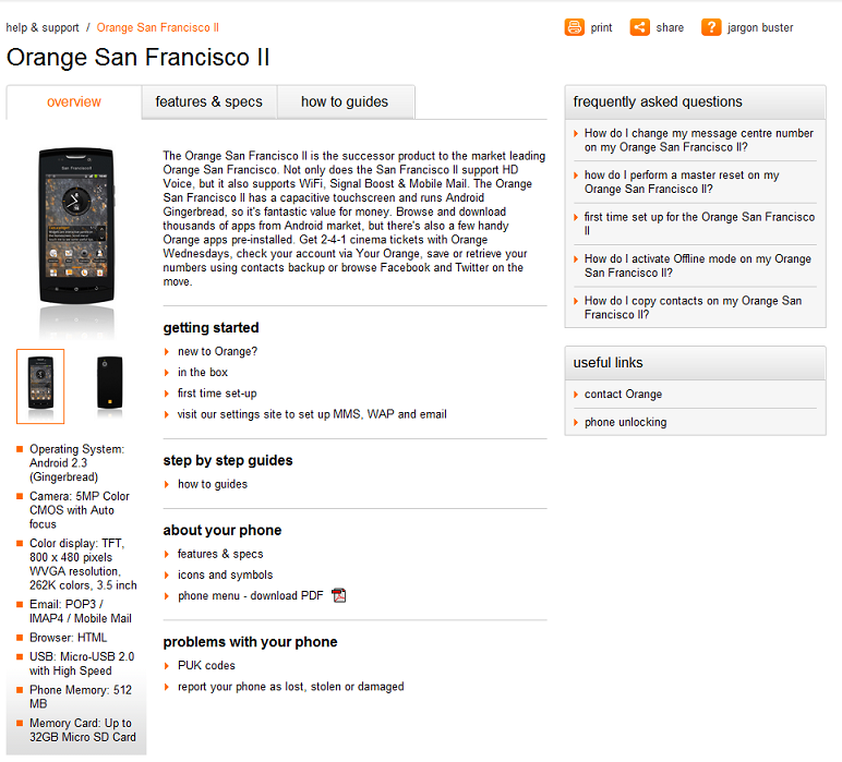 Orange San Francisco II briefly appears on the Orange support pages.