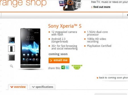 Orange add the Xperia S to Coming Soon pages