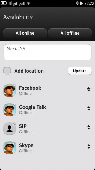 Nokia N9 screenshot   online presence dialog