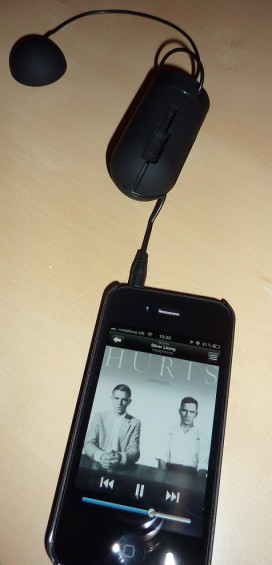 The Pocket Boom in use, turning my coffee table into a speaker!