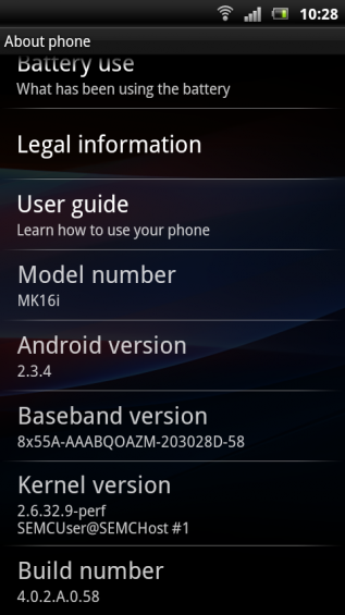 SE Xperia pro screenshot   settings about