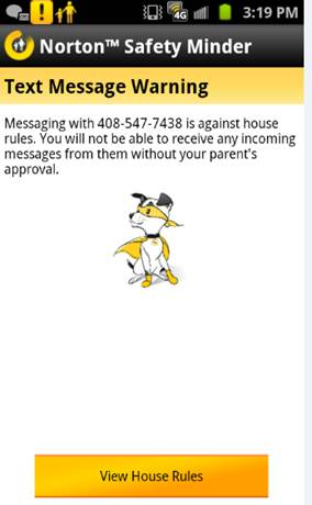 Norton Text Message Warning screen