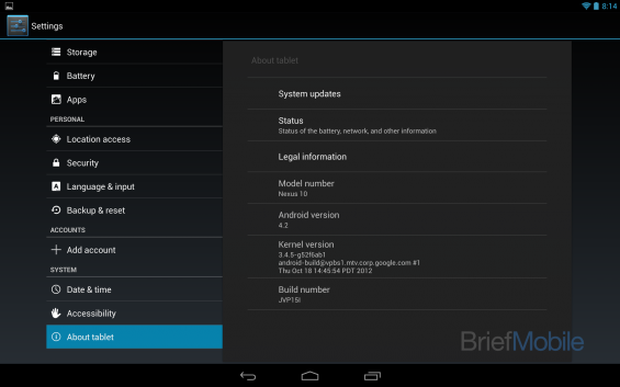 nexus 10 about tablet