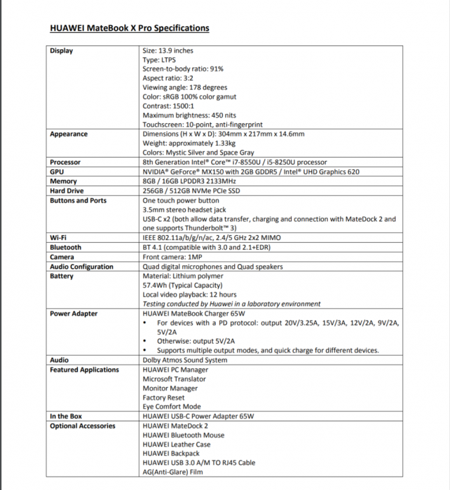 Matebook X Specs