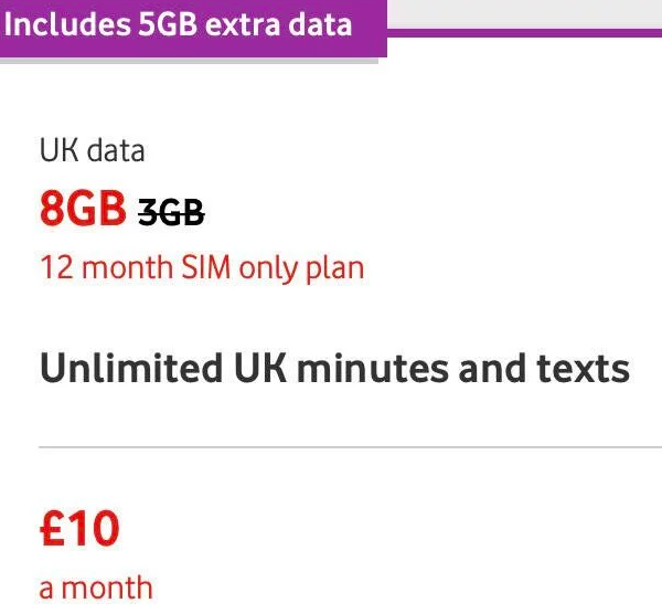 Go SIM only! Get 10GB of monthly data with Vodafone for just £8
