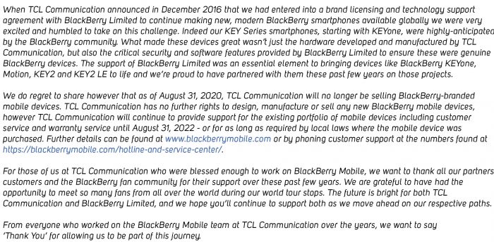 No more BlackBerry handsets from TCL