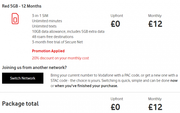 SIM only Vodafone deal. £12 per month for 10GB