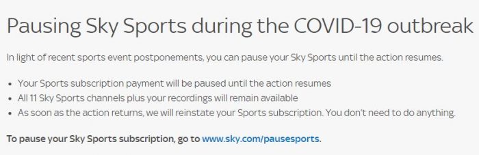 Sky   Yes, you can now pause your Sky Sports subscription