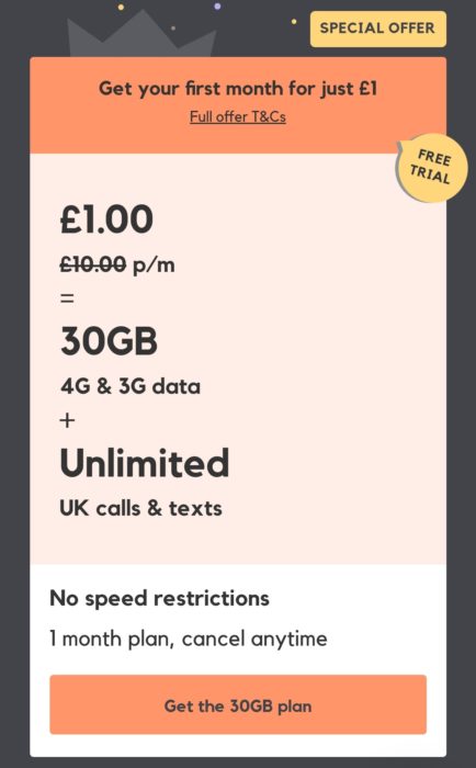 Just £1 for your first month with SMARTY. 30GB SIM only.