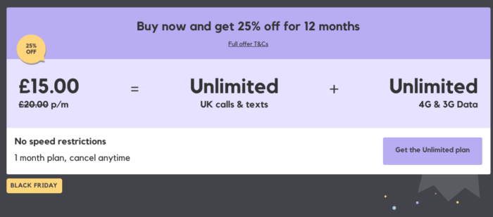 SMARTY. £15 p/m for 12 months unlimited data.