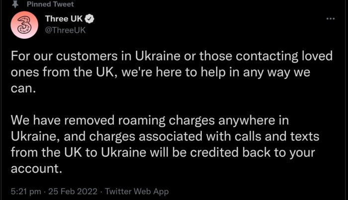 Three removes roaming charges for Ukraine